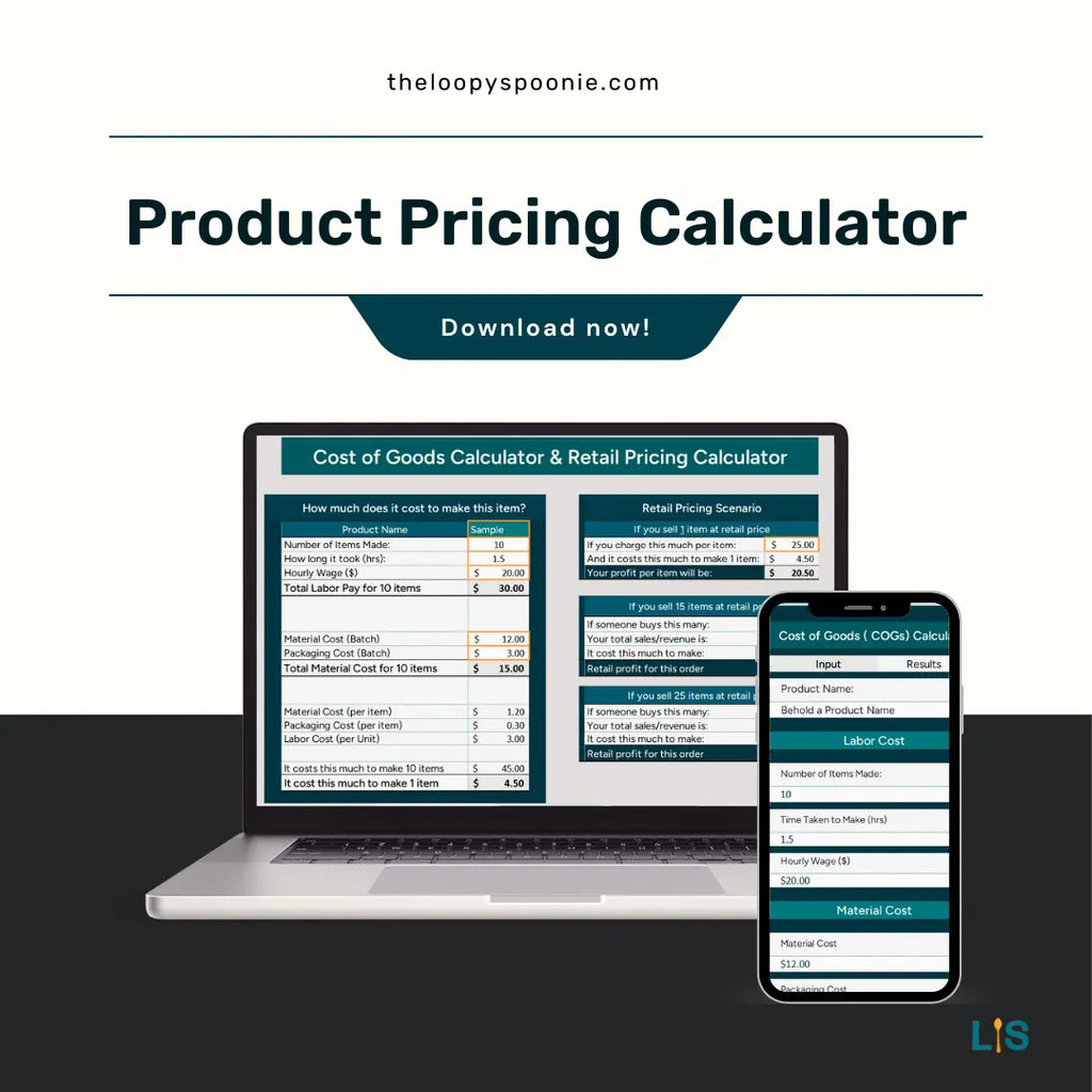 Graphic with a laptop and phone mockups of a pricing calculator spreadsheet. 
The laptop features a screenshot of the pricing spreadsheet. 
The phone mockup shows the mobile friendly view of the pricing calculator.